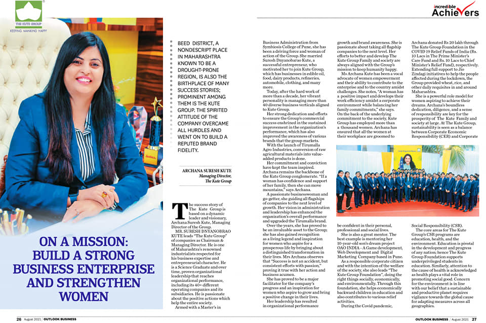 Mrs Archana Suresh Kute (Director-The Kute Group) featured in the leading ‘Outlook Business’ Magazine